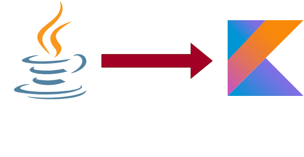 Java logo with an arrow pointing to the Kotlin logo